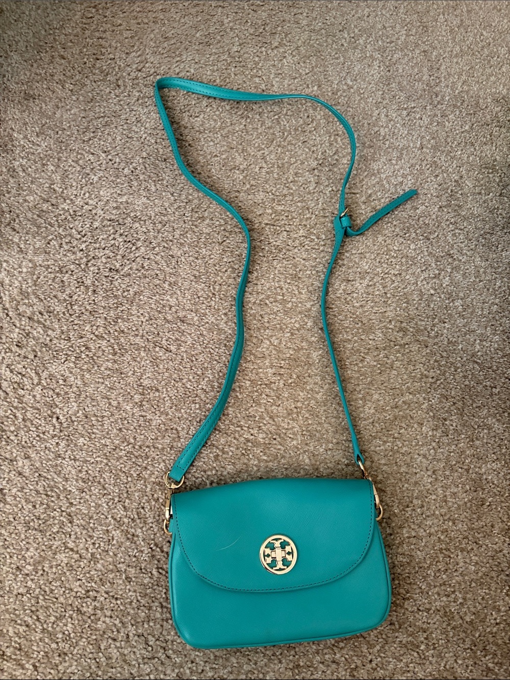 Tory Burch Teal Leather Crossbody with Gold Logo